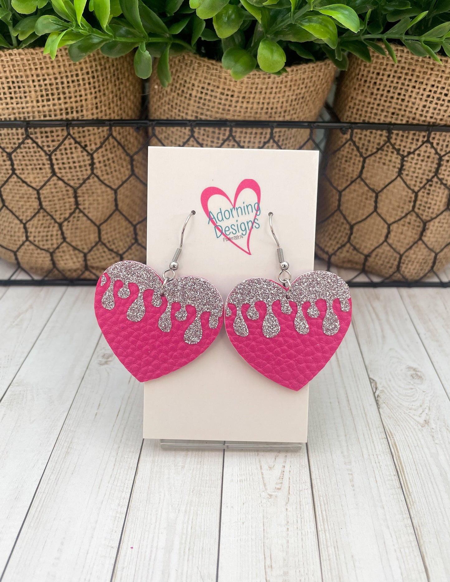 Valentine's Pink drip heart Dangles